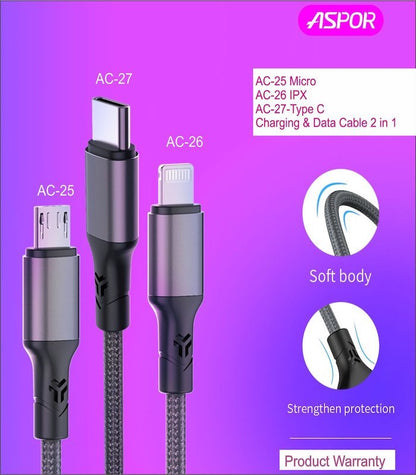 ASPOR AC-25/26/27 3A Fast Charging Nylon Braided Cable – Micro USB, iPhone Lightning, Type-C to Type-C – 1M 2M 3M