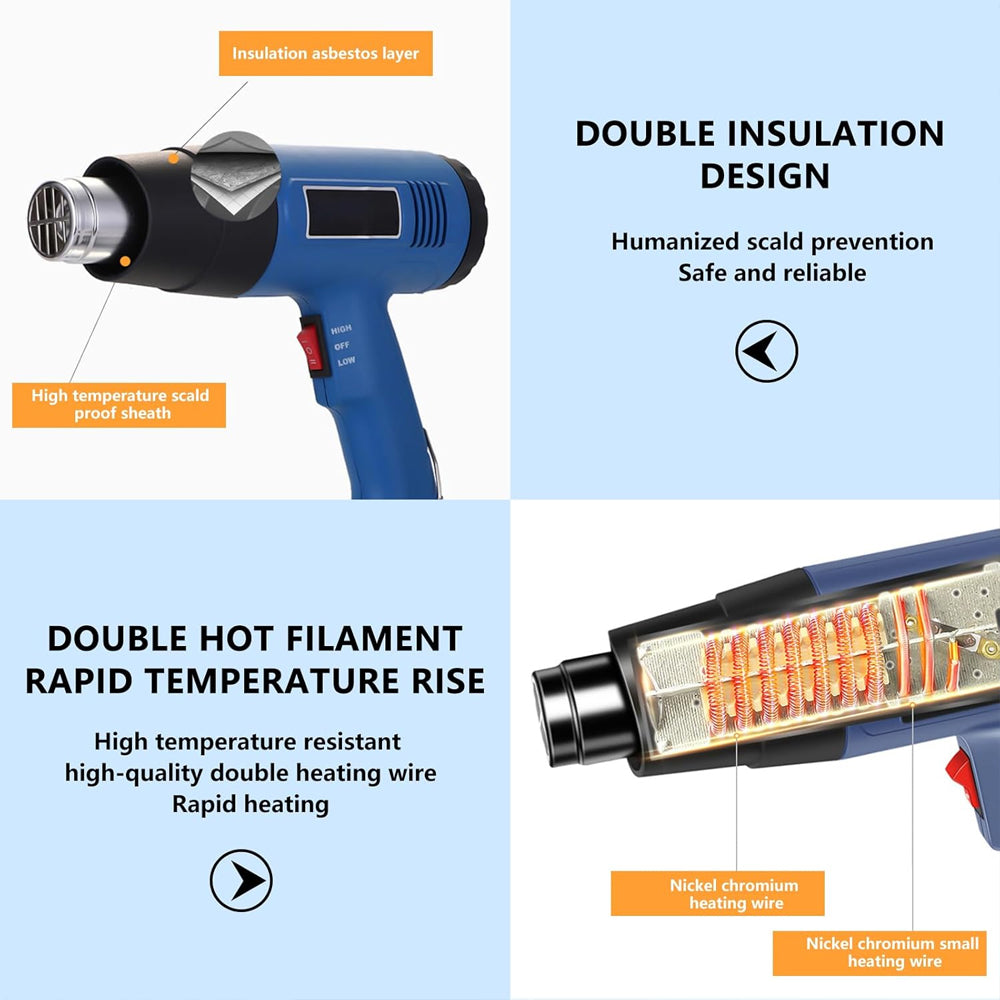 2000W Heat Gun for Vinyl Wrap & DIY – Hot Air Gun with Attachments for Shrinking, Paint Stripping, PVC & Crafts