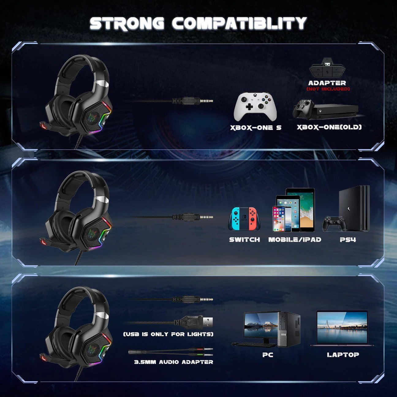 ONIKUMA K10 Pro Wired Gaming Headset with RGB Backlight Noise-Canceling Microphone Over-Ear Headphones for PC PS4 Xbox