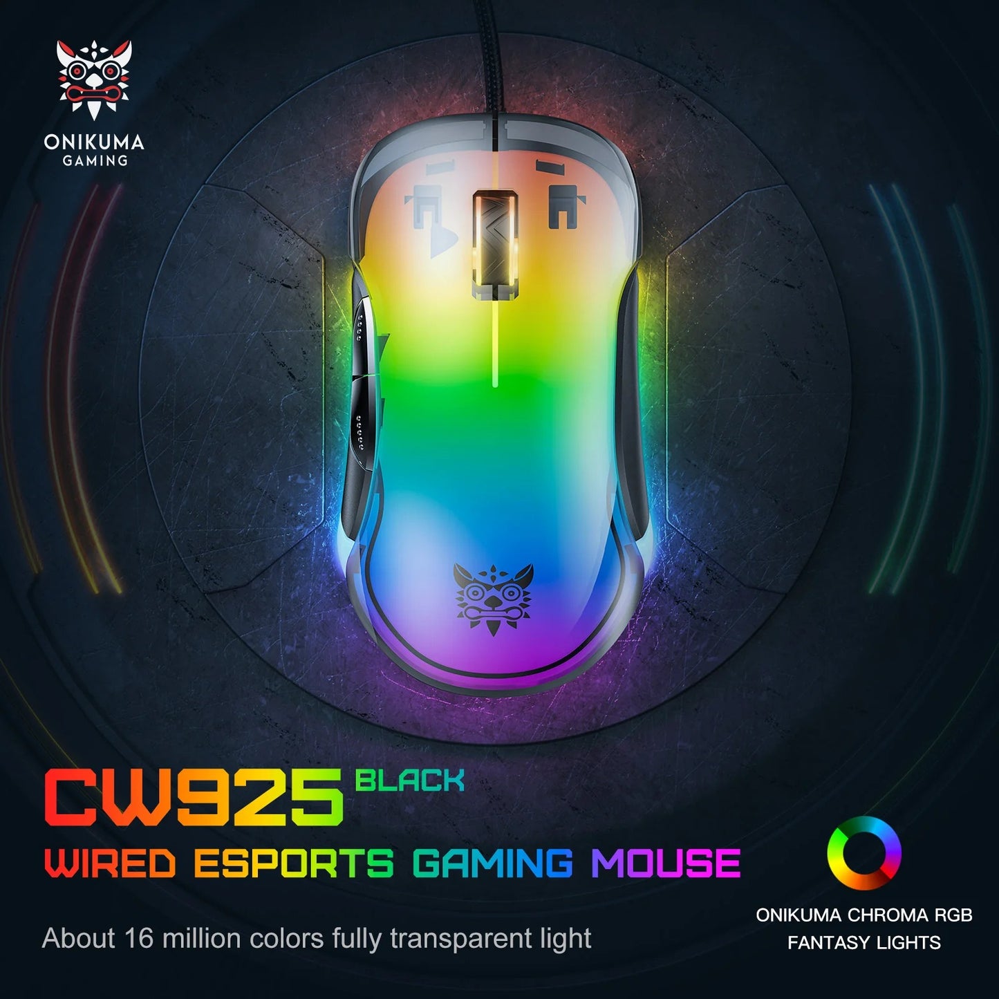 ONIKUMA CW925 RGB Backlit Wired Gaming Mouse Up to 12800 DPI Lightweight Transparent Black 1 Year Warranty