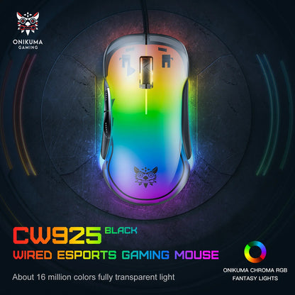 ONIKUMA CW925 RGB Backlit Wired Gaming Mouse Up to 12800 DPI Lightweight Transparent Black 1 Year Warranty