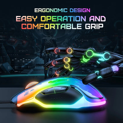 ONIKUMA CW925 RGB Backlit Wired Gaming Mouse Up to 12800 DPI Lightweight Transparent Black 1 Year Warranty