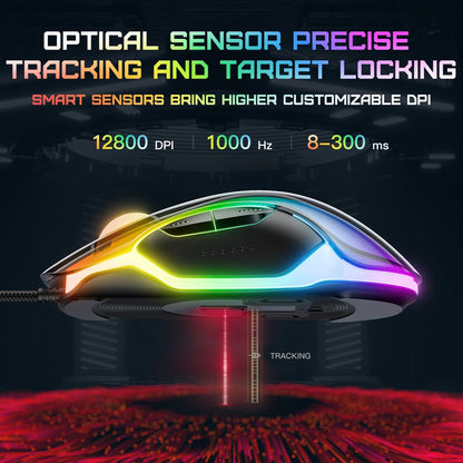 ONIKUMA CW925 RGB Backlit Wired Gaming Mouse Up to 12800 DPI Lightweight Transparent Black 1 Year Warranty