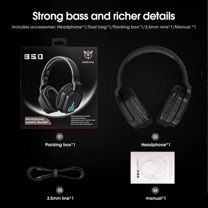 ONIKUMA B60 Wireless Bluetooth Gaming Headset Over-Ear Headphones with LED Lights and Noise-Canceling Mic for PC PS4 PS5 Xbox