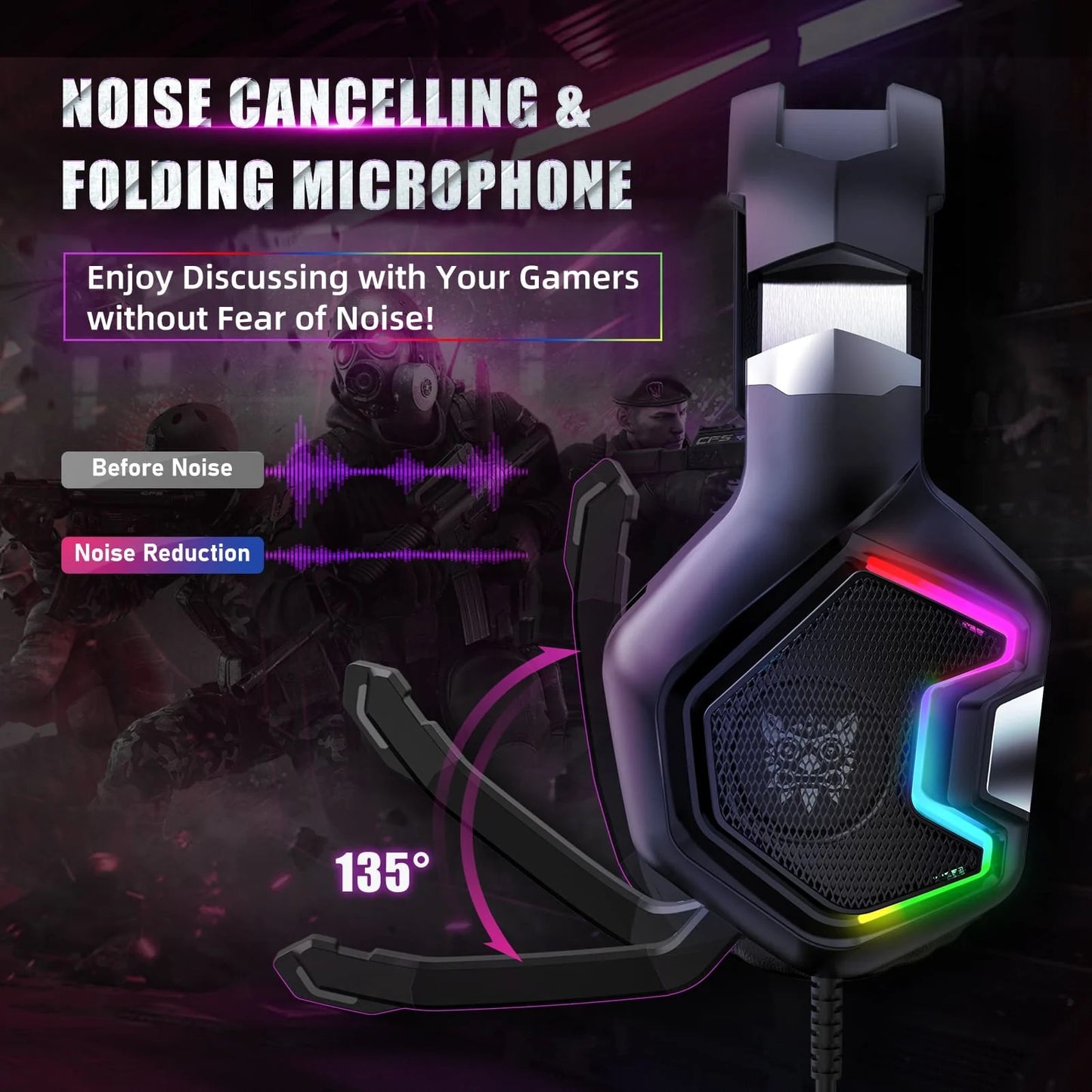 ONIKUMA K10 Pro Wired Gaming Headset with RGB Backlight Noise-Canceling Microphone Over-Ear Headphones for PC PS4 Xbox