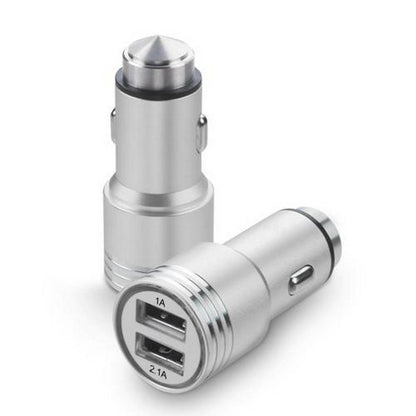 Car Charger Metal Dual USB Port 2.1A Fast + Safety Hammer Silver