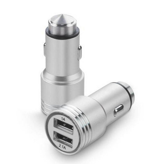 Car Charger Metal Dual USB Port 2.1A Fast + Safety Hammer Silver