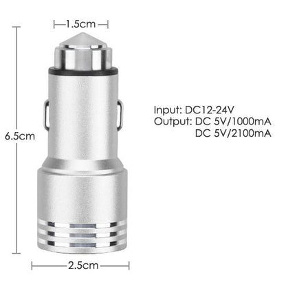 Car Charger Metal Dual USB Port 2.1A Fast + Safety Hammer Silver