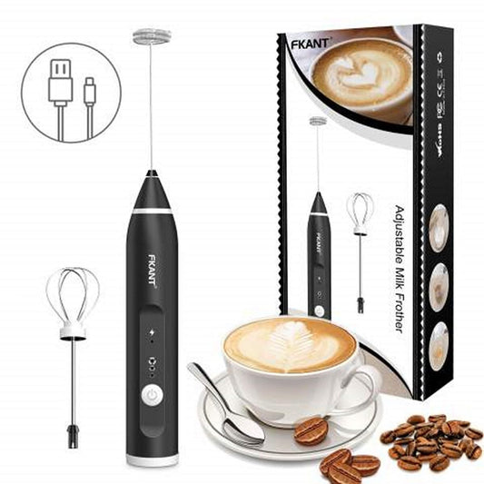 Milk Frother Handheld USB Rechargeable Foam Maker with 2 Stainless Steel Whisks – 3-Speed Electric Blender for Coffee & Lattes