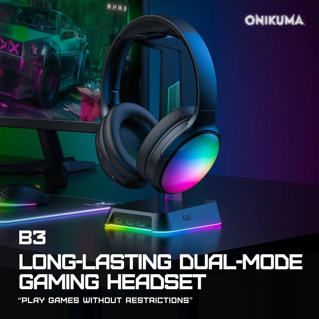 ONIKUMA B3 Wireless Bluetooth Headphones with ANC Microphone Rainbow RGB Lights Effect Lightweight Foldable Over-Ear Headphones with Music & Game Mode 45H Playback for Travel Home Office Hands-Free Clear Calls