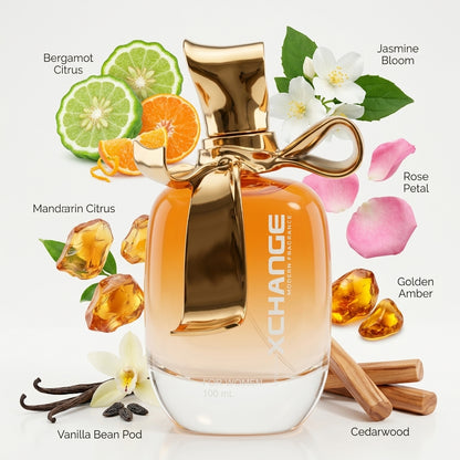 A 100 mL bottle of XCHANGE Modern Fragrances perfume, featuring a reflective gold cap and a clear glass bottle with amber-orange liquid. The bottle is surrounded by scent ingredient illustrations and text labels including Bergamot Citrus, Jasmine Bloom, Rose Petal, Mandarin Citrus, Golden Amber, Vanilla Bean Pod, and Cedarwood on a clean white background.