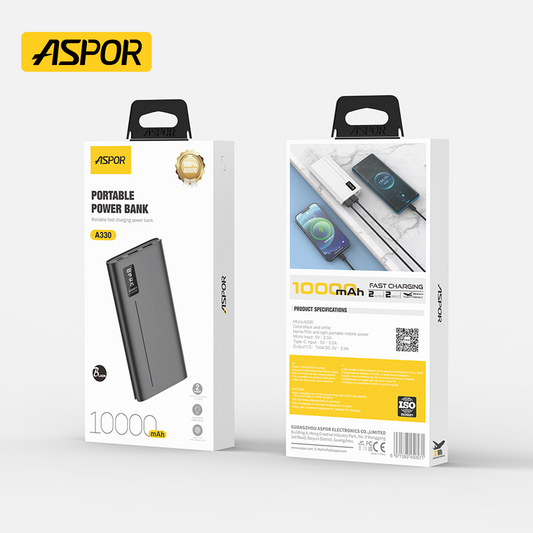 Aspor A335 10000mAh Portable Thin Power Bank with Dual USB