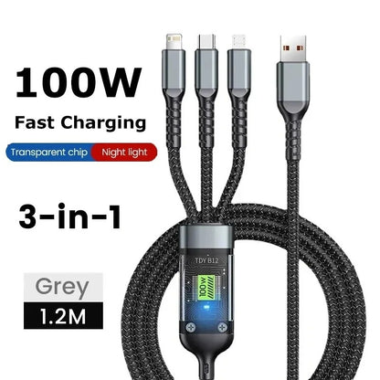 100w 3 in 1 Super Fast Charging Cable, LED Indicator,