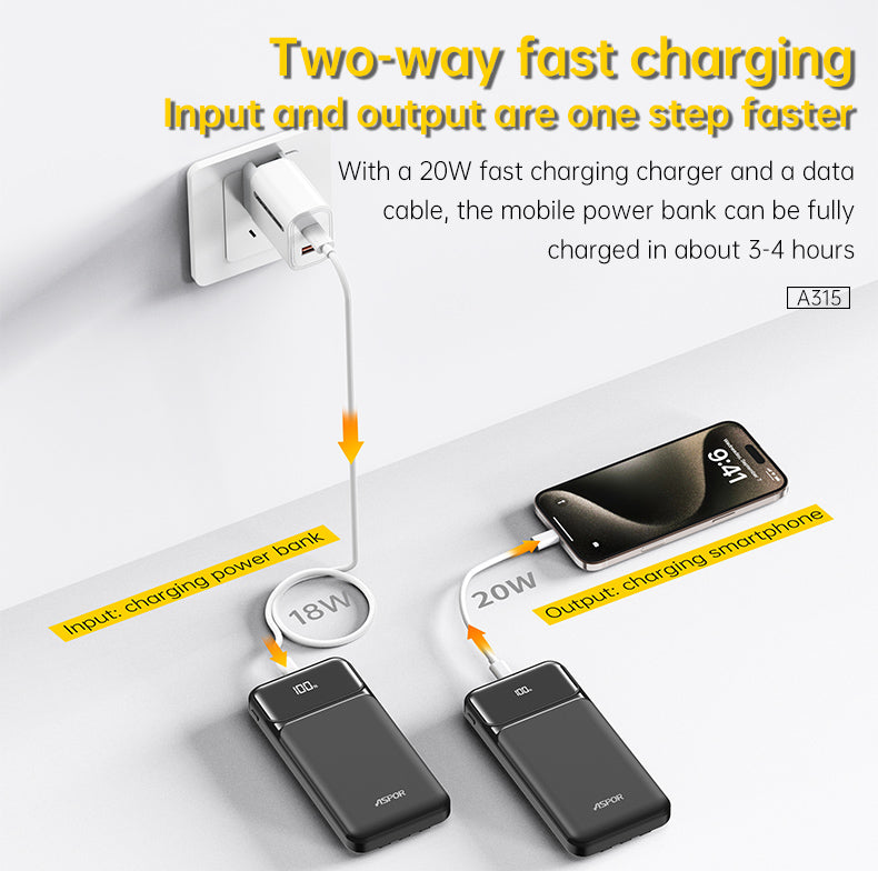 Aspor A315 10000mAh Power Bank PD 22.5W Fast Charging Portable External Phone Charger