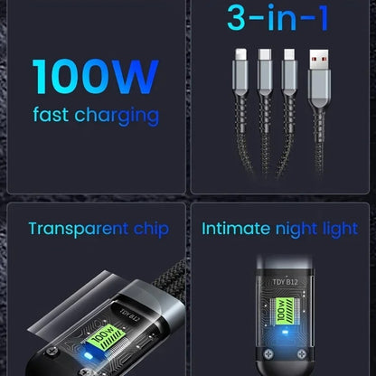 100w 3 in 1 Super Fast Charging Cable, LED Indicator,