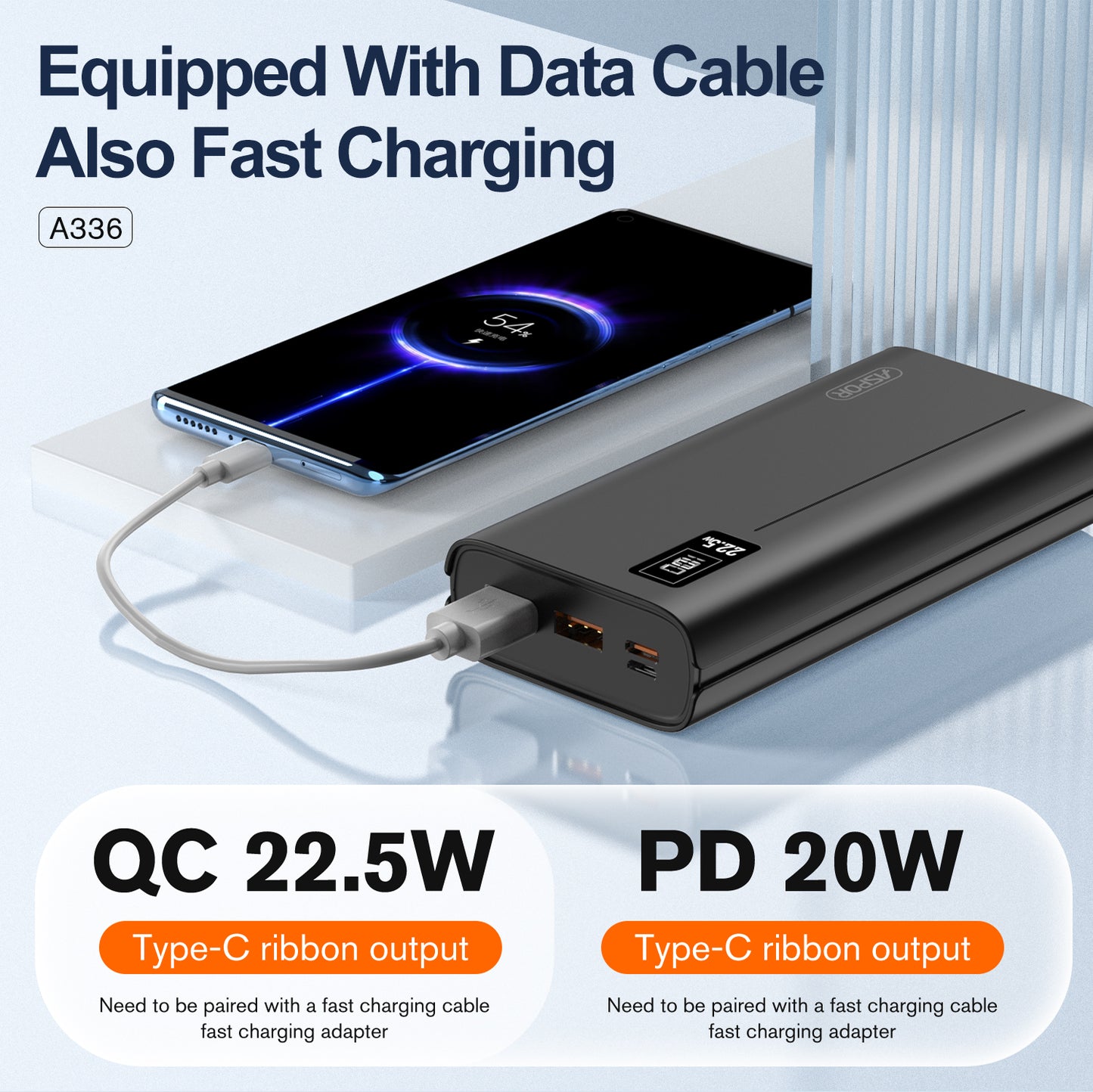 Aspor A336 20000mAh 22.5W PD + QC3.0 Fast Charging Power Bank LCD Display