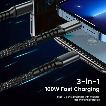 100w 3 in 1 Super Fast Charging Cable, LED Indicator,
