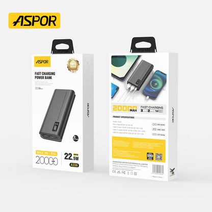 Aspor A336 20000mAh 22.5W PD + QC3.0 Fast Charging Power Bank LCD Display