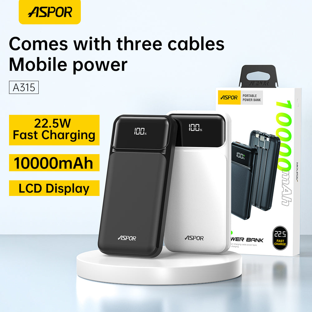 Aspor A315 10000mAh Power Bank PD 22.5W Fast Charging Portable External Phone Charger