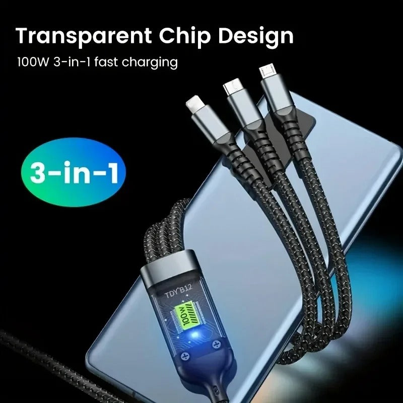 100w 3 in 1 Super Fast Charging Cable, LED Indicator,