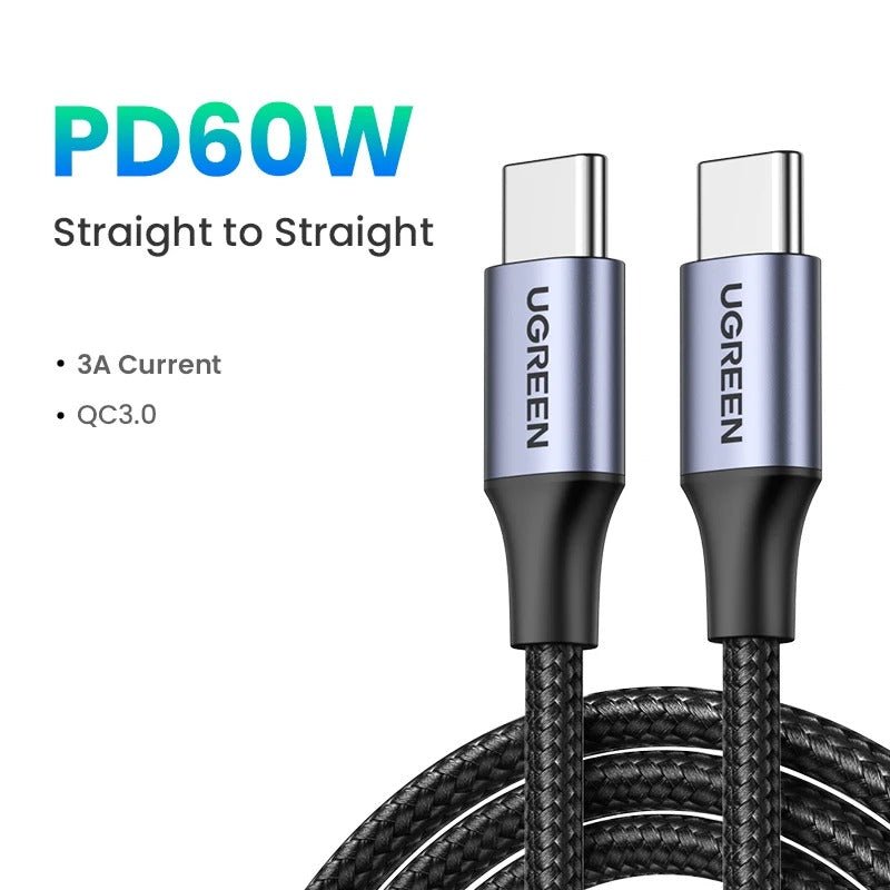 UGREEN 1 Meter 60W Type-C to Type-C PD Round Cable Nickel Plating Aluminum Shell  C to C Braided Cable