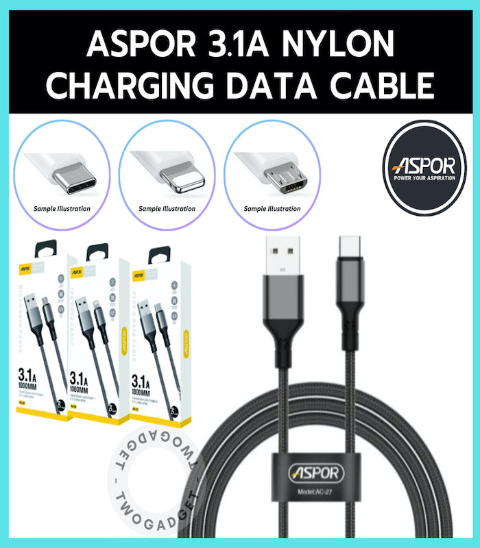 ASPOR AC-25/26/27 3A Fast Charging Nylon Braided Cable – Micro USB, iPhone Lightning, Type-C to Type-C – 1M 2M 3M