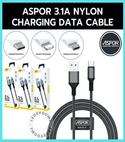 ASPOR AC-25/26/27 3A Fast Charging Nylon Braided Cable – Micro USB, iPhone Lightning, Type-C to Type-C – 1M 2M 3M