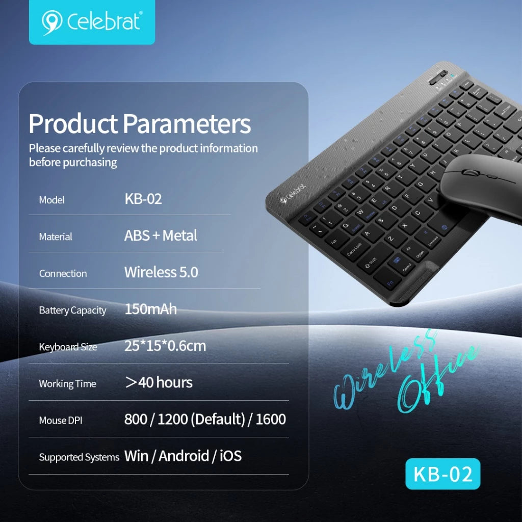 Celebrat KB-02 Wireless Keyboard & Mouse Combo – Bluetooth, Cross-Platform, Adjustable DPI