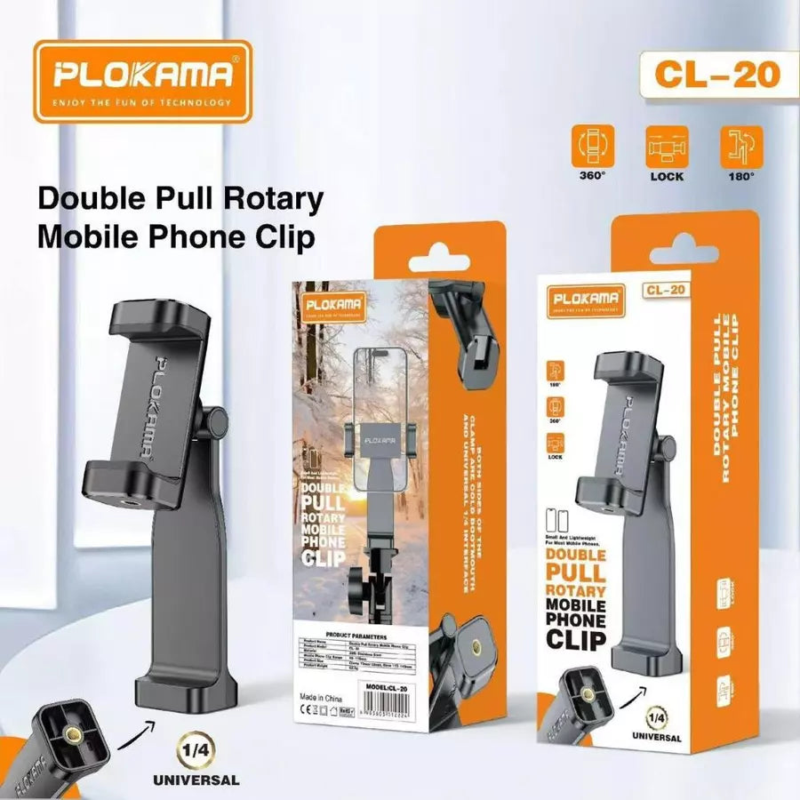 Plokama CL-20 Rotating tripod Phone Holder 360° Adjustable Mobile Clip for Tripods & Selfie Sticks
