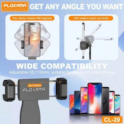 Plokama CL-20 Rotating tripod Phone Holder 360° Adjustable Mobile Clip for Tripods & Selfie Sticks