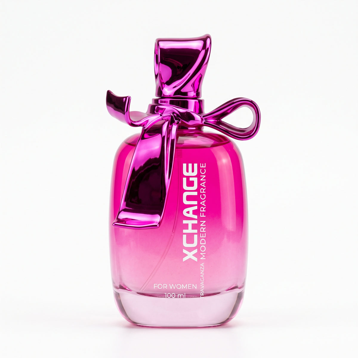 A 100ml bottle of Xchange Modern Fragrance for women, featuring a vibrant metallic magenta pink body with a matching bow on the cap, set against a clean white background.
