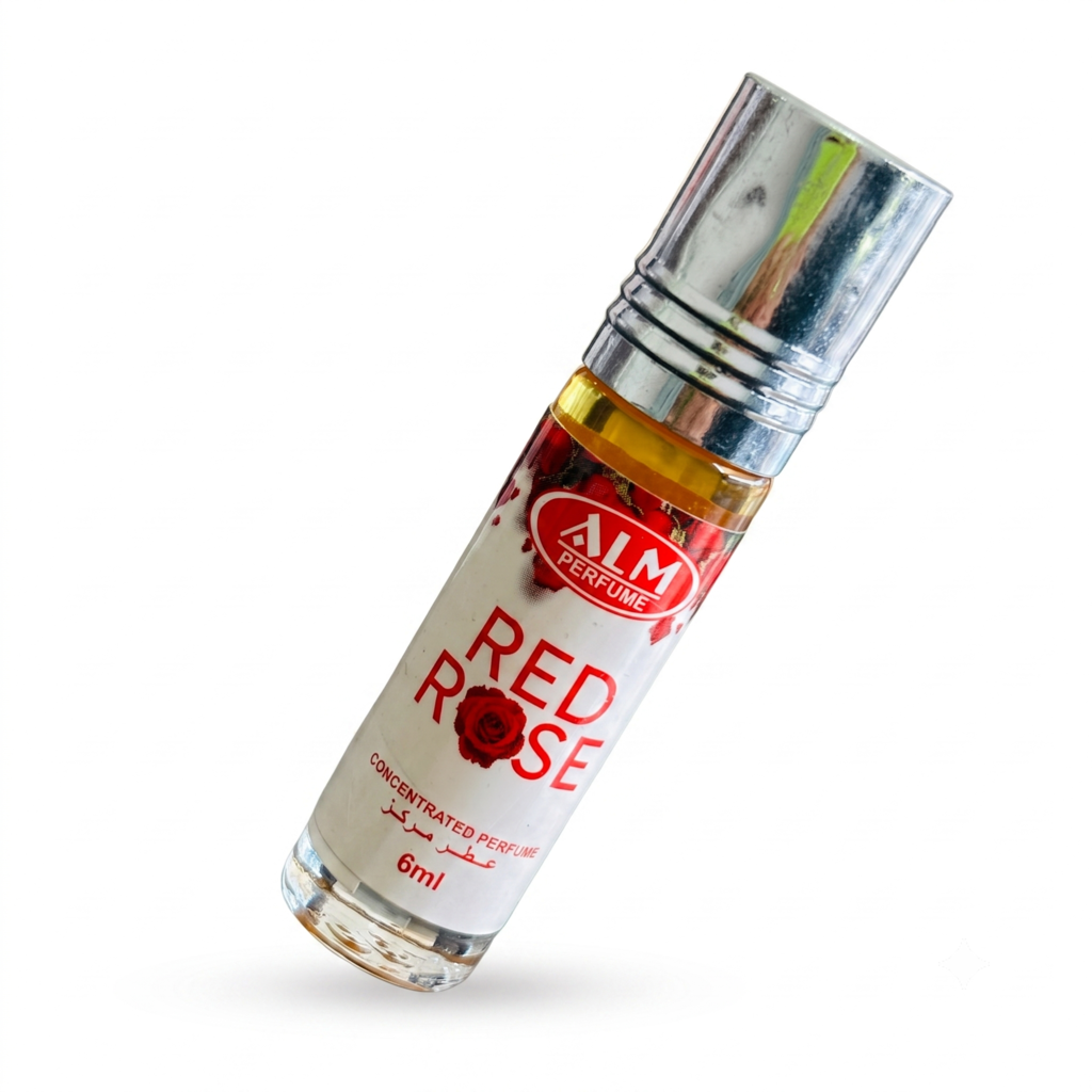 AIM Perfume Red Rose Concentrated Perfume Oil in a 6ml glass rollerball bottle with a silver cap, shown on a white background.