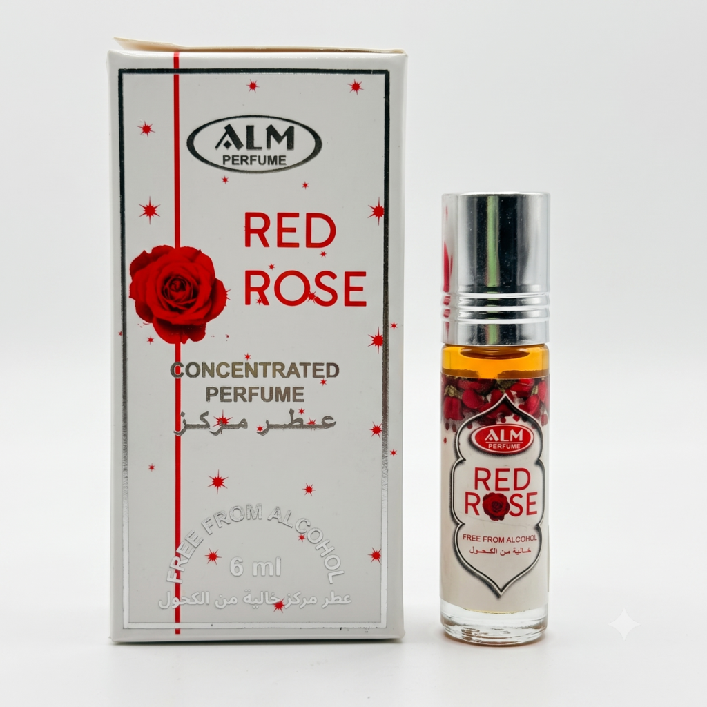ALM Perfume Red Rose concentrated perfume shown with its white retail box and a clear glass spray bottle containing amber liquid, on a light gray background.