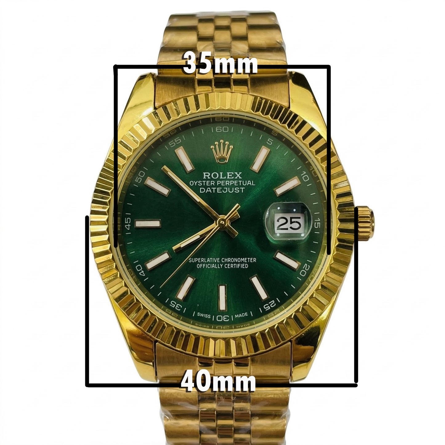 Luxury Gold Tone Date Display Watch Fluted Bezel Jubilee Style Bracelet Blue Green Black Dial Elegant Men’s Wristwatch (Rolex-Inspired Design)