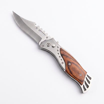 A folding pocket knife with a silver stainless steel blade and bolster, featuring a brown wood-grain handle scale, shown on a clean white background.