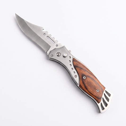 A folding pocket knife with a silver stainless steel blade and bolster, featuring a brown wood-grain handle scale, shown on a clean white background.