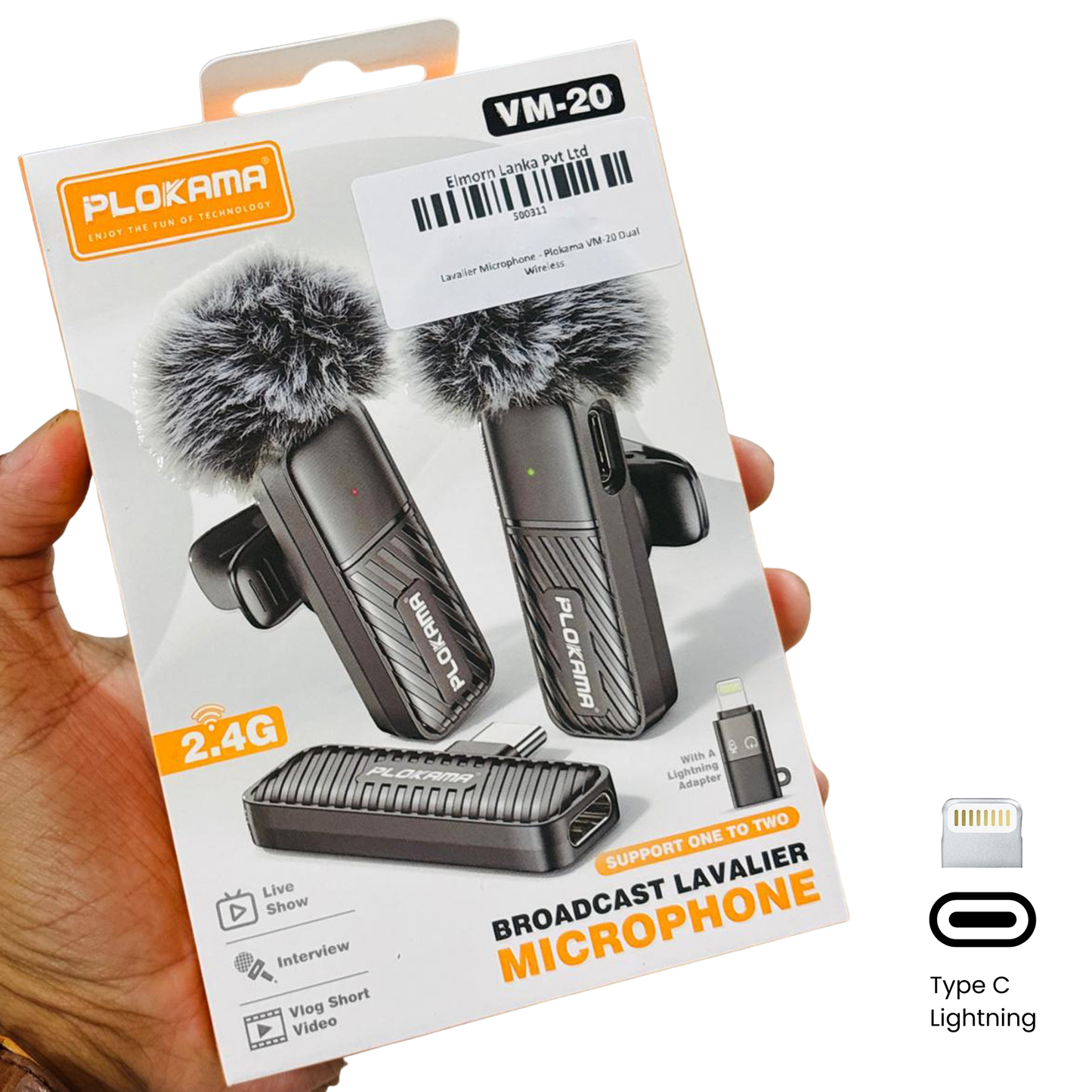 Plokama broadcast lavalier microphone packaging held by a hand on a white background