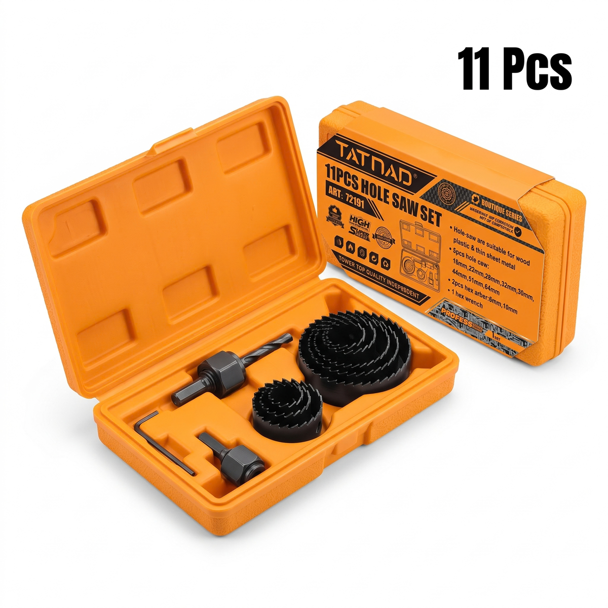 TATNAD 11 Piece Hole Saw Set Steel Hole Cutter Kit with Mandrels & Hex Key for Wood, Plastic & Thin Metal