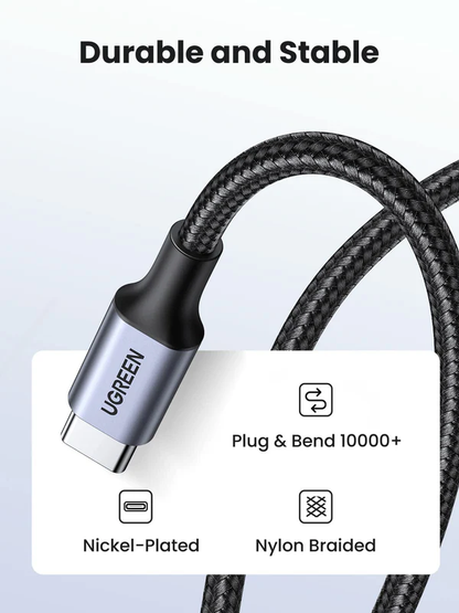 UGREEN 1 Meter 60W Type-C to Type-C PD Round Cable Nickel Plating Aluminum Shell  C to C Braided Cable