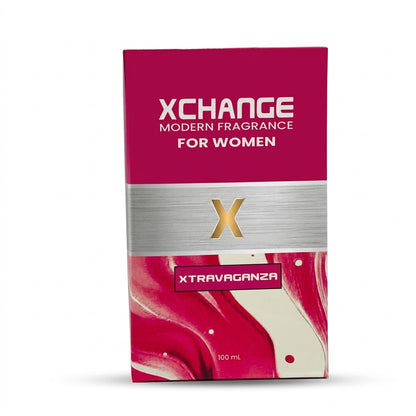 A 100 mL box of Xchange Modern Fragrance for Women, featuring a magenta and silver design with a gold 'X' logo and 'Xtravaganza' scent name.