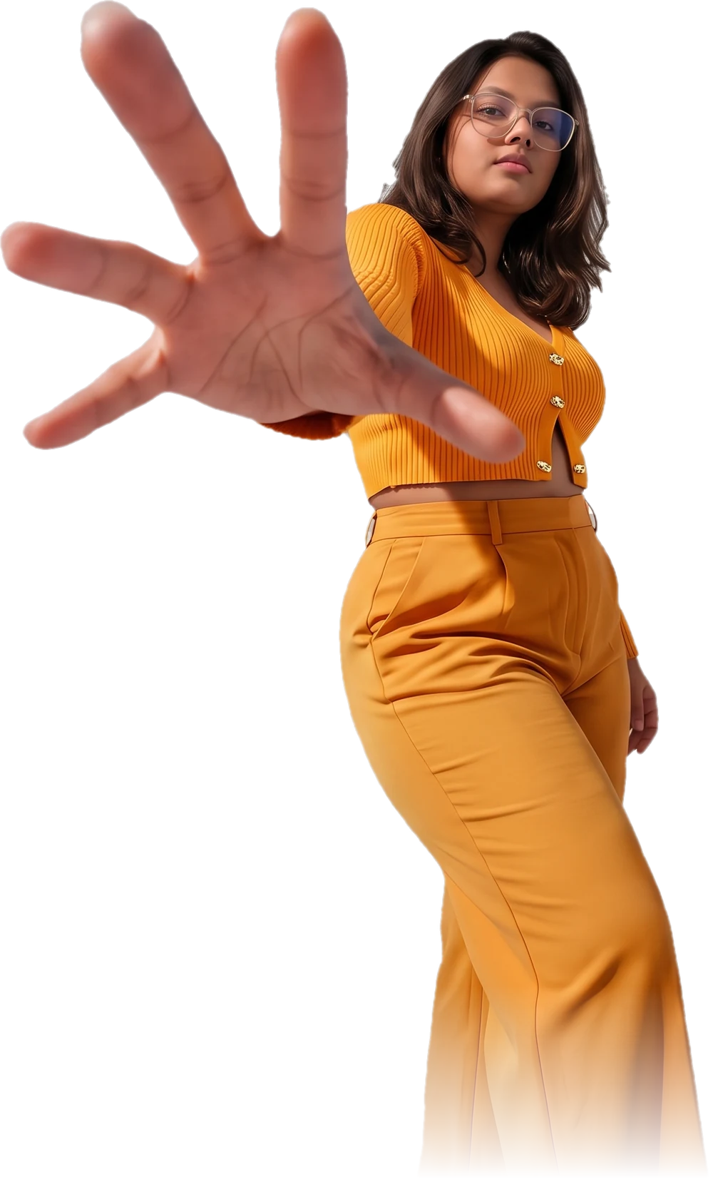 Model in amber reaching toward the camera